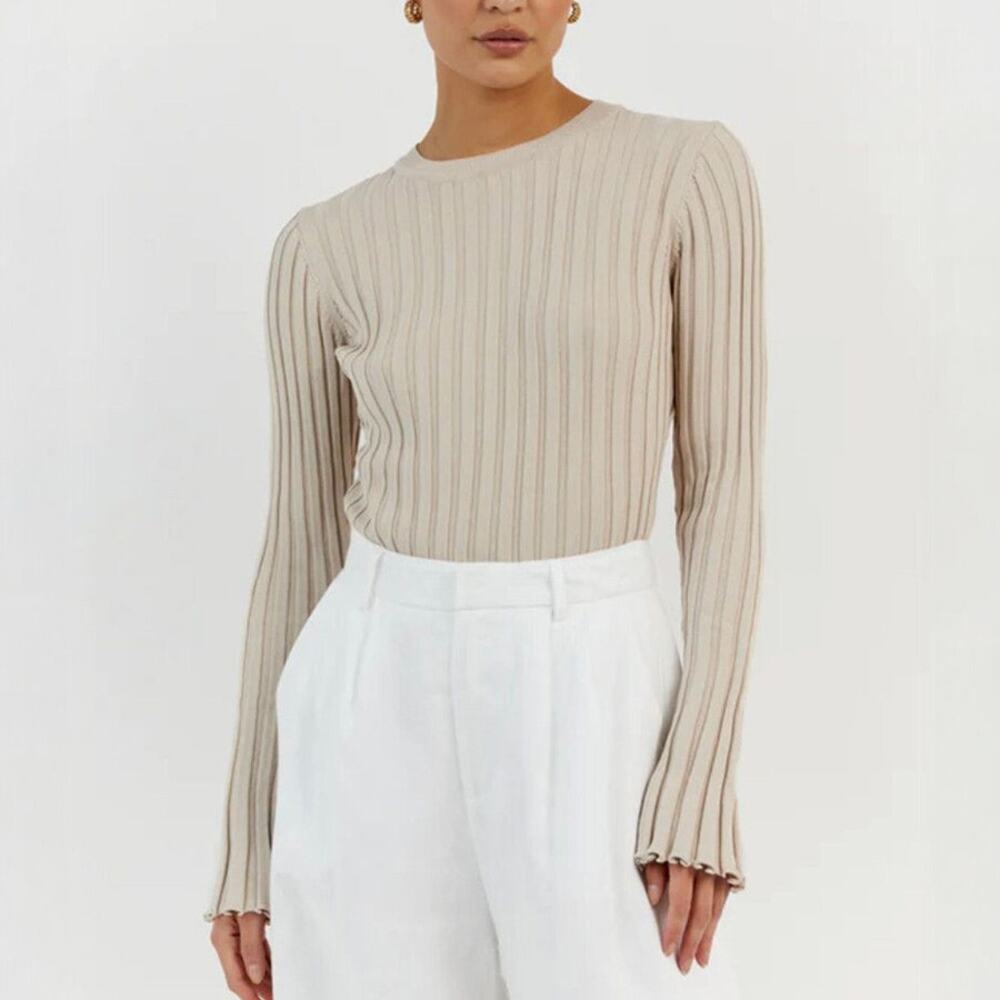 Dissh Ada Ribbed Knit Long Sleeve Top In Stone Size S